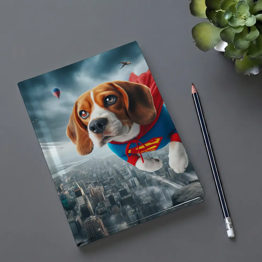 Beagle Superhero Flying Over City Skyline – Notebooks