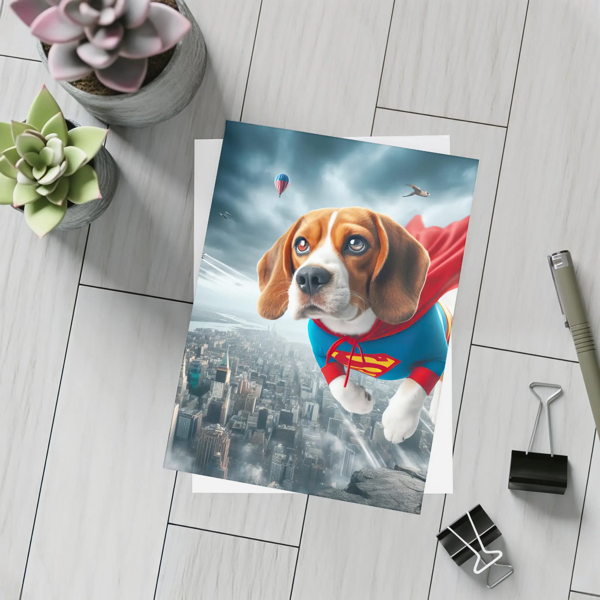 Beagle Superhero Flying Over City Skyline – Postcards