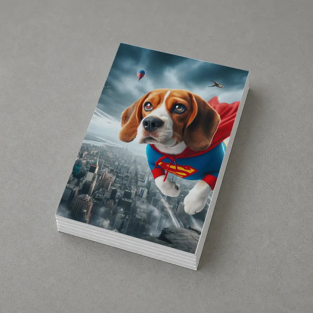 Beagle Superhero Flying Over City Skyline – Postcards