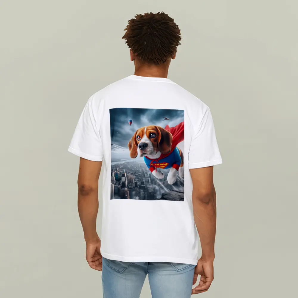 Beagle Superhero Flying Over City Skyline – T-Shirts