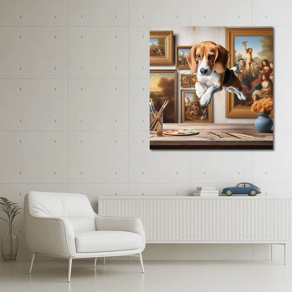 Beagle Puppy Leaping Through Art Studio – Wall Art