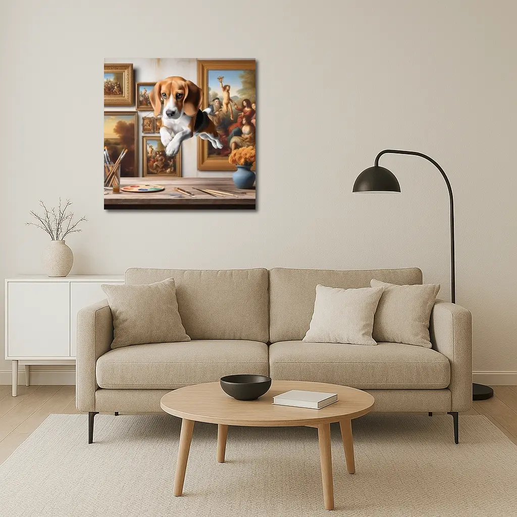 Beagle Puppy Leaping Through Art Studio – Wall Art