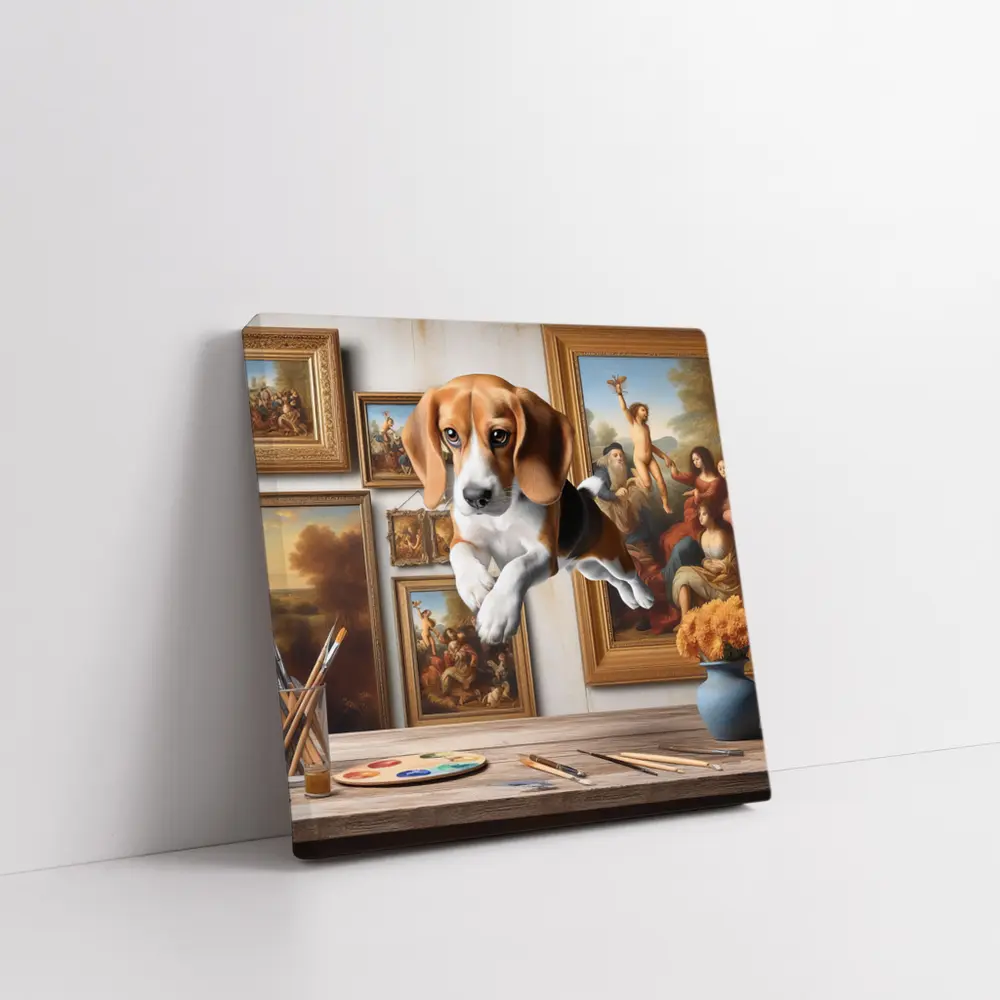 Beagle Puppy Leaping Through Art Studio – Wall Art