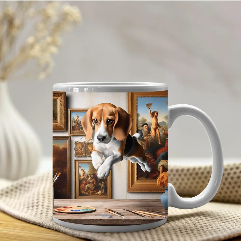 Beagle Puppy Leaping Through Art Studio – Mugs