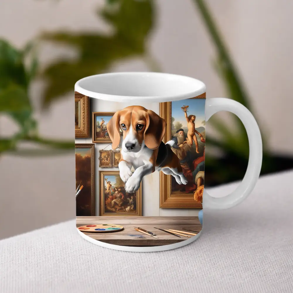 Beagle Puppy Leaping Through Art Studio – Mugs