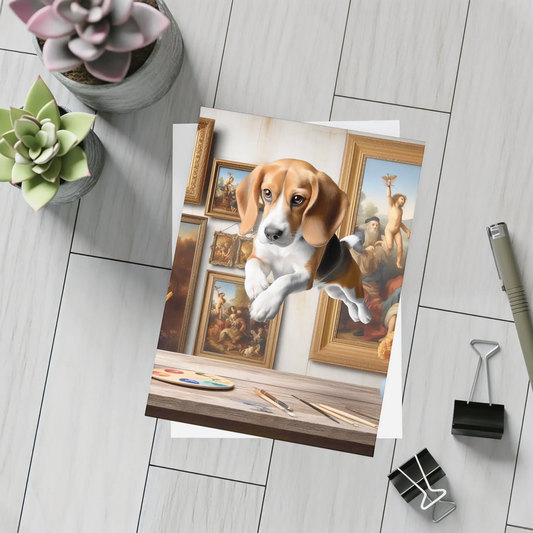 Beagle Puppy Leaping Through Art Studio – Postcards