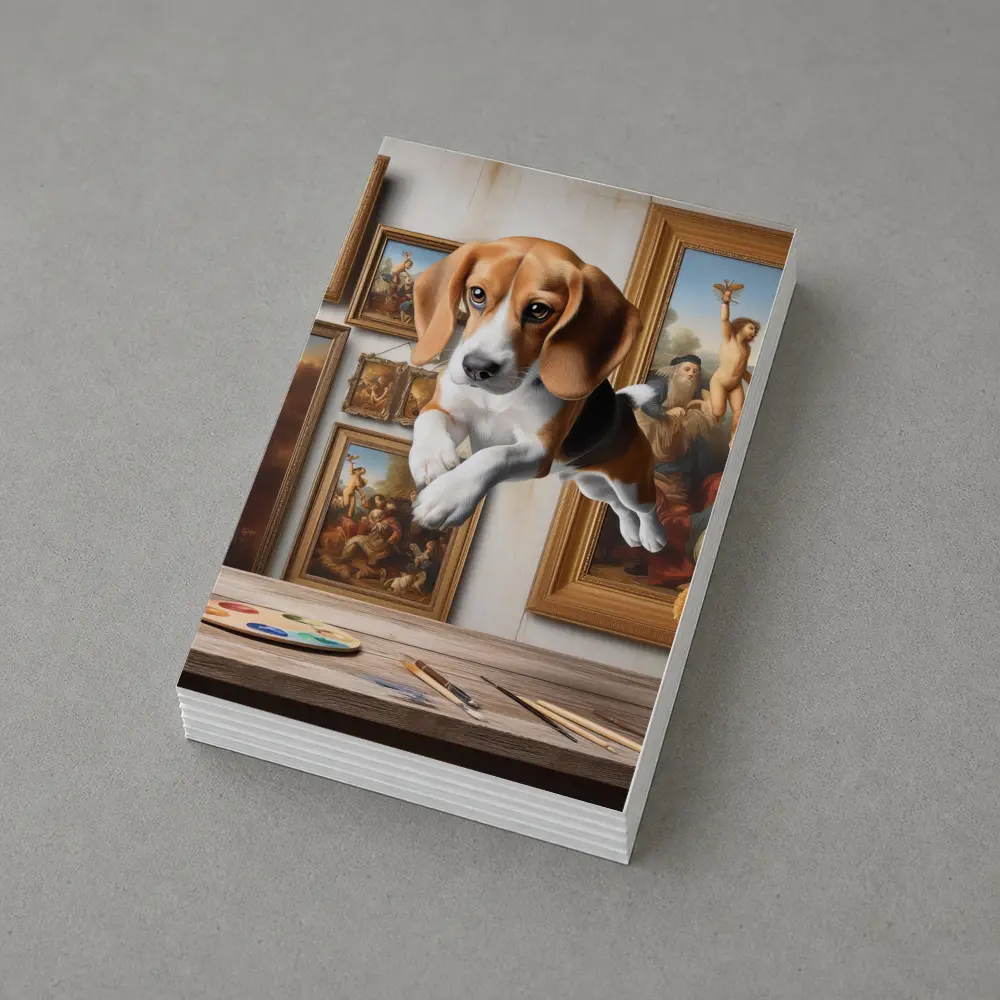 Beagle Puppy Leaping Through Art Studio – Postcards