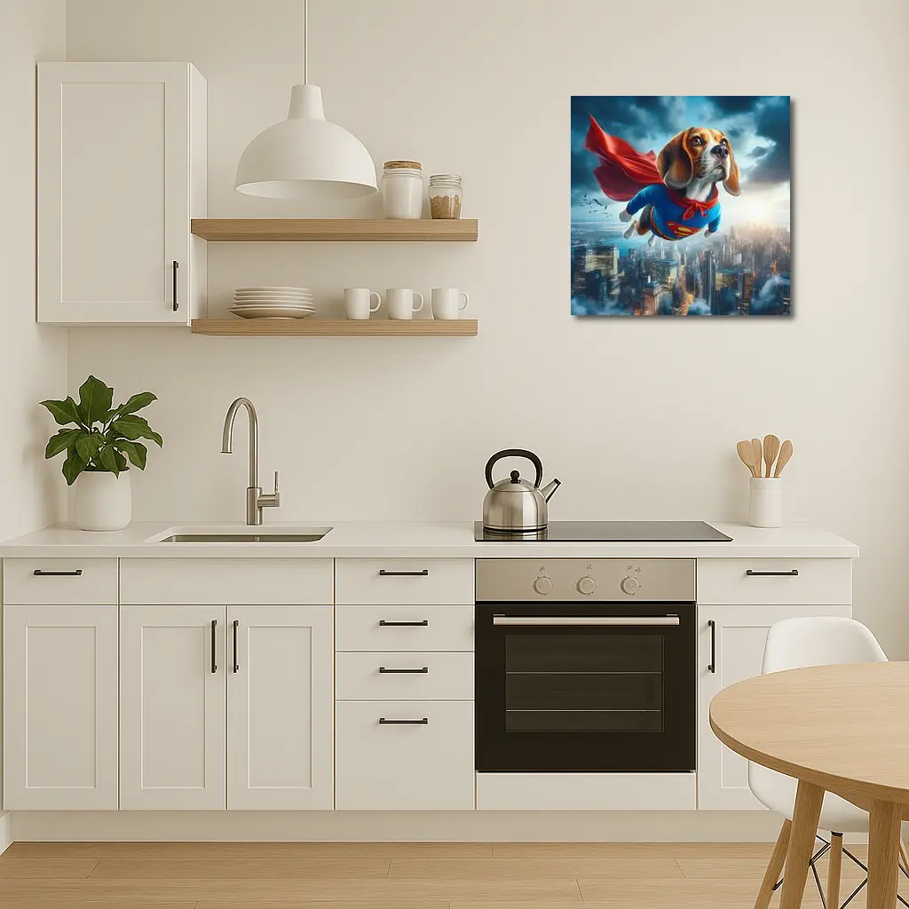 Beagle Dog Superhero Flying Over City – Wall Art