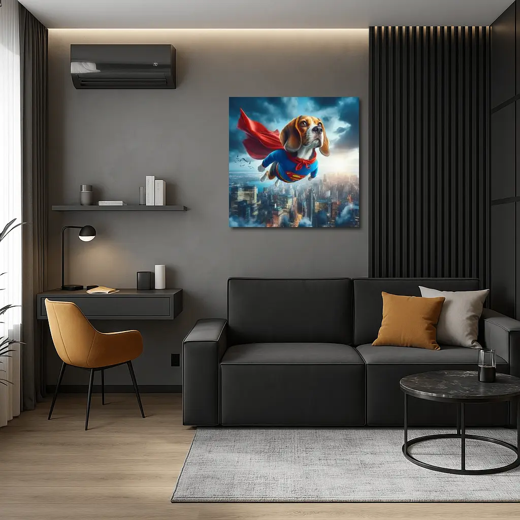 Beagle Dog Superhero Flying Over City – Wall Art