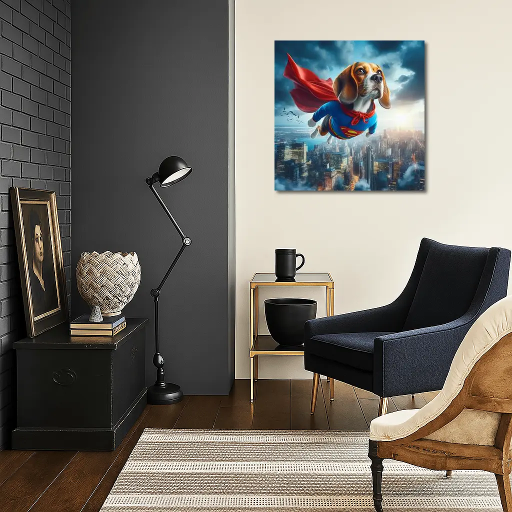 Beagle Dog Superhero Flying Over City – Wall Art