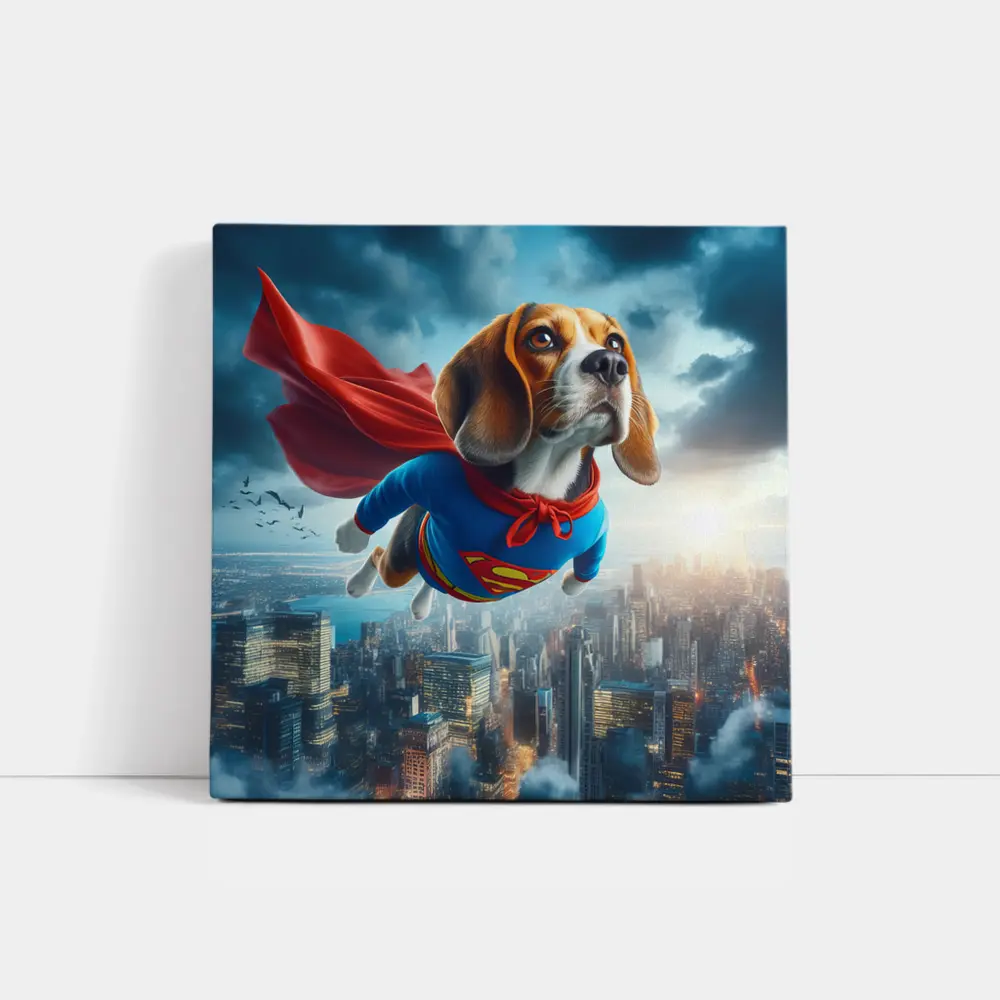 Beagle Dog Superhero Flying Over City – Wall Art