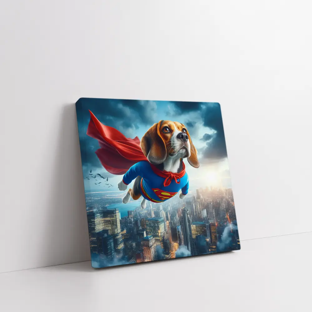 Beagle Dog Superhero Flying Over City – Wall Art