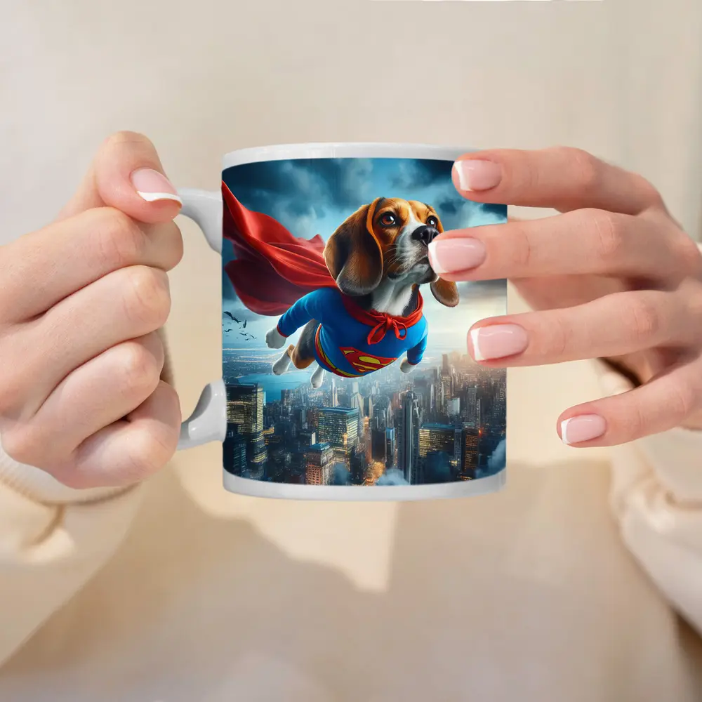 Beagle Dog Superhero Flying Over City – Mugs