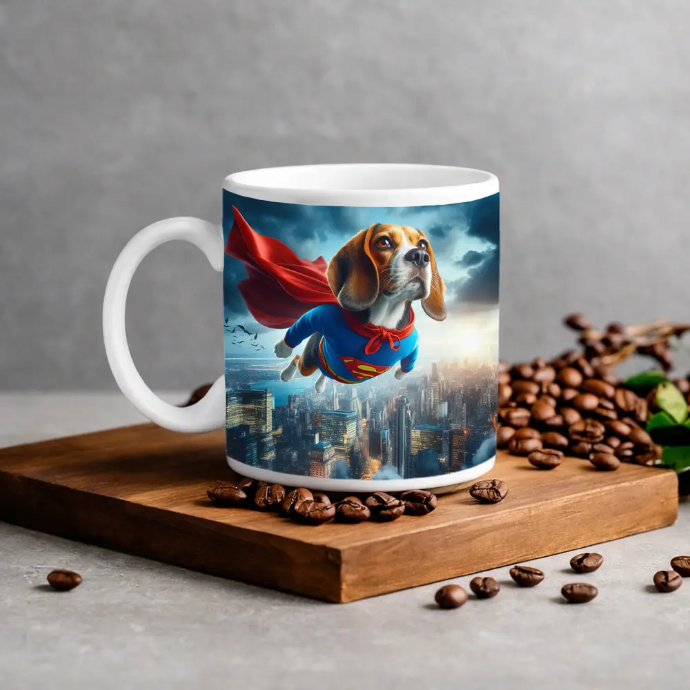 Beagle Dog Superhero Flying Over City – Mugs