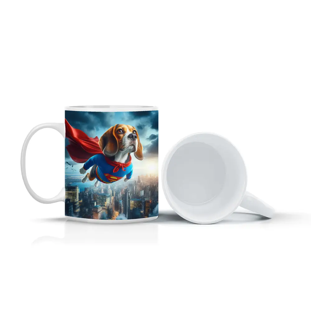 Beagle Dog Superhero Flying Over City – Mugs