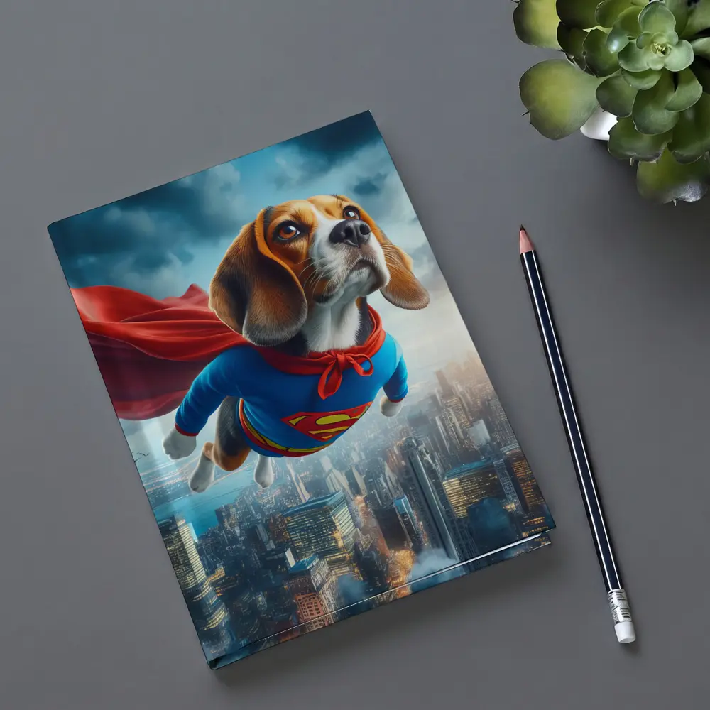 Beagle Dog Superhero Flying Over City – Notebooks