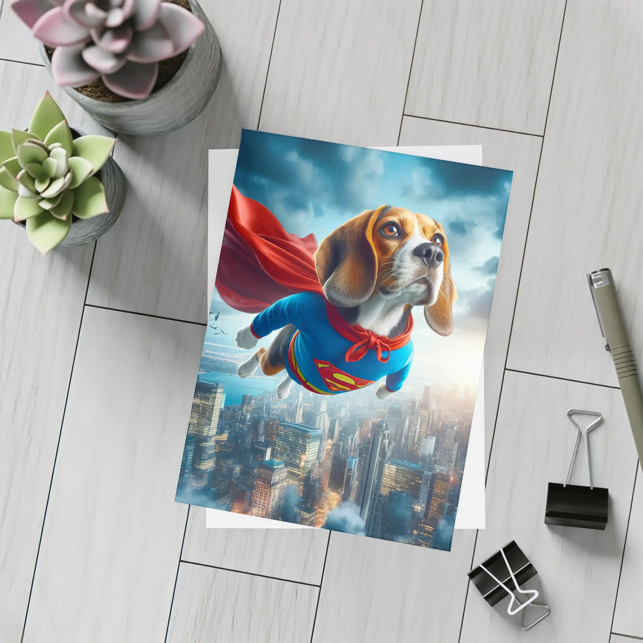 Beagle Dog Superhero Flying Over City – Postcards