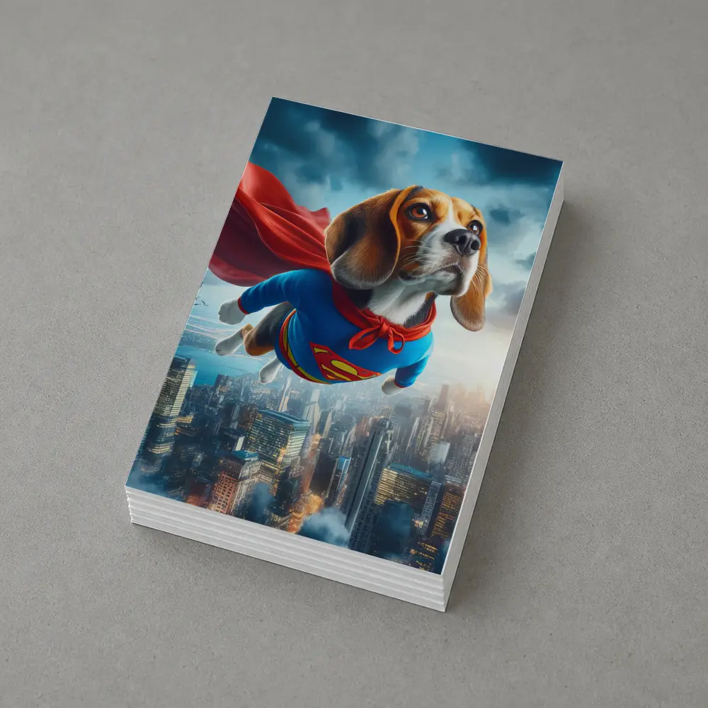 Beagle Dog Superhero Flying Over City – Postcards