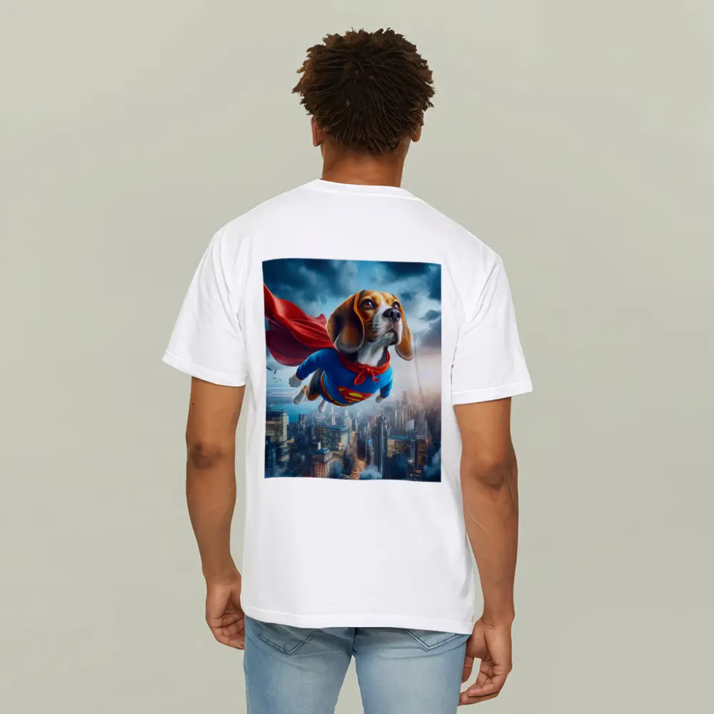 Beagle Dog Superhero Flying Over City – T-Shirts