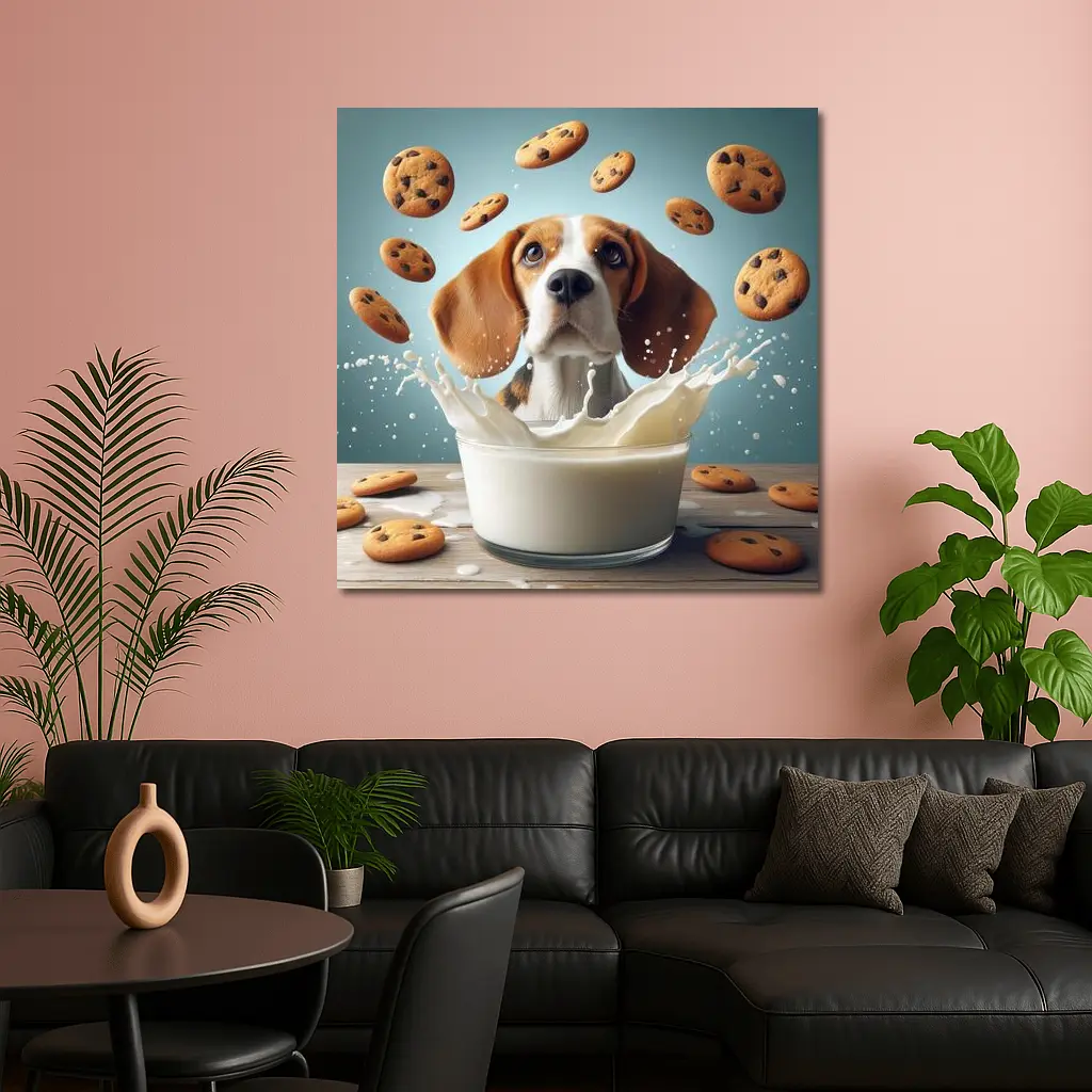 Beagle Dog Milk Splash Cookies Flying – Wall Art