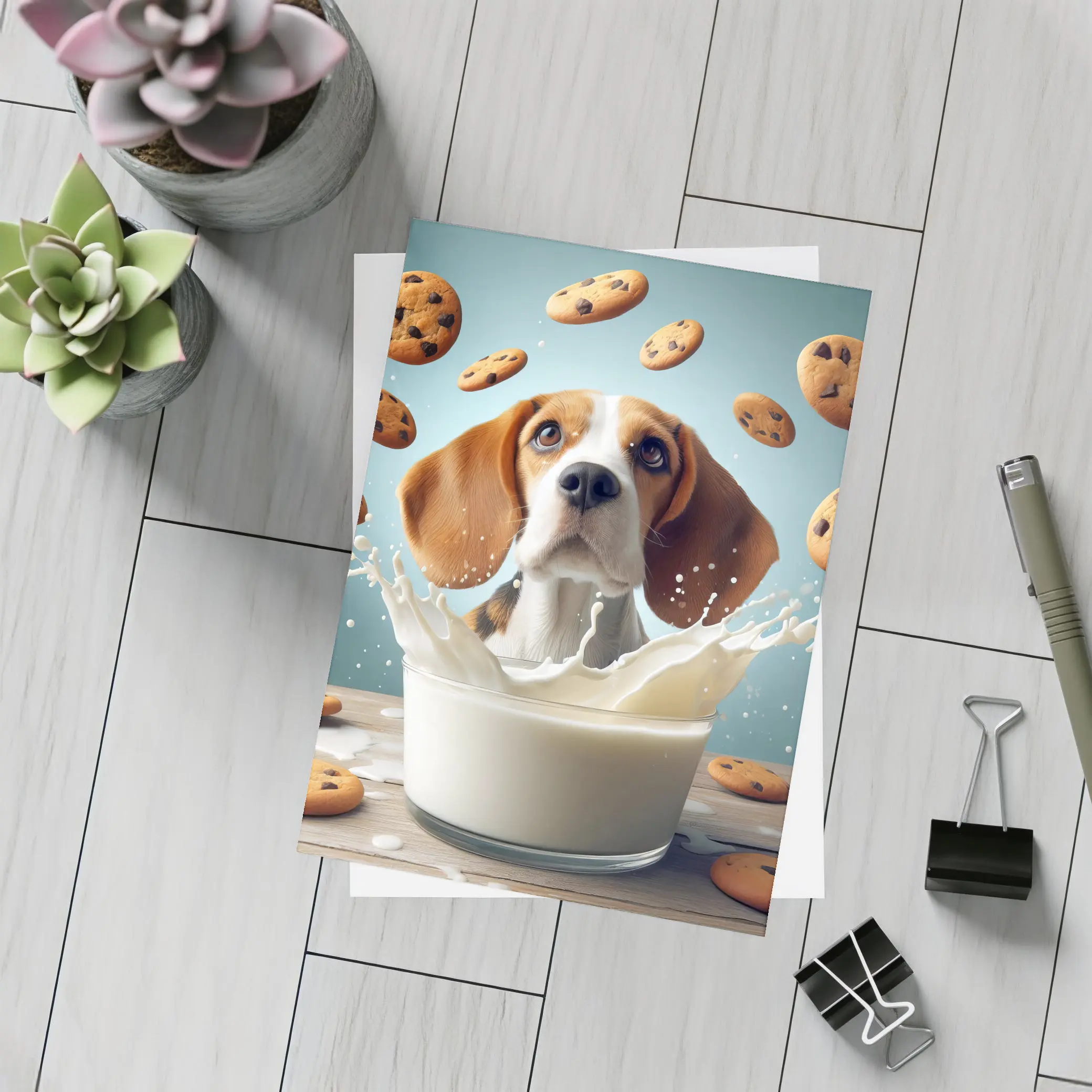 Beagle Dog Milk Splash Cookies Flying – Postcards