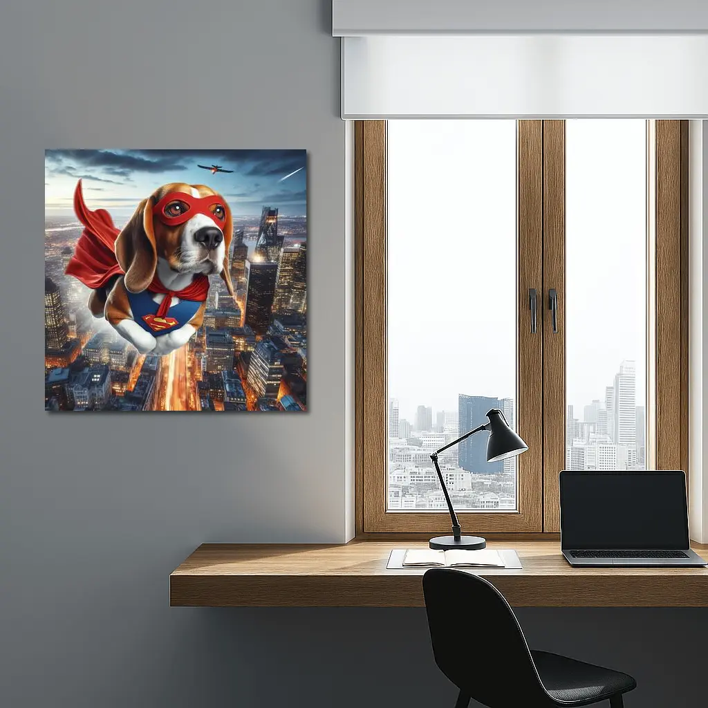 Superhero Beagle Flying Over City Skyline – Wall Art