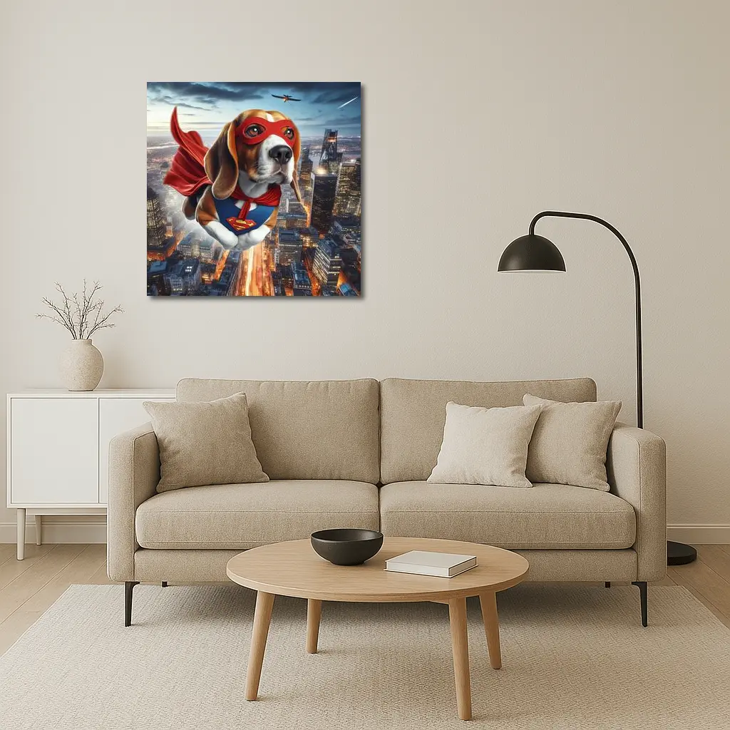 Superhero Beagle Flying Over City Skyline – Wall Art