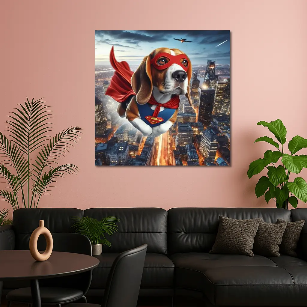 Superhero Beagle Flying Over City Skyline – Wall Art