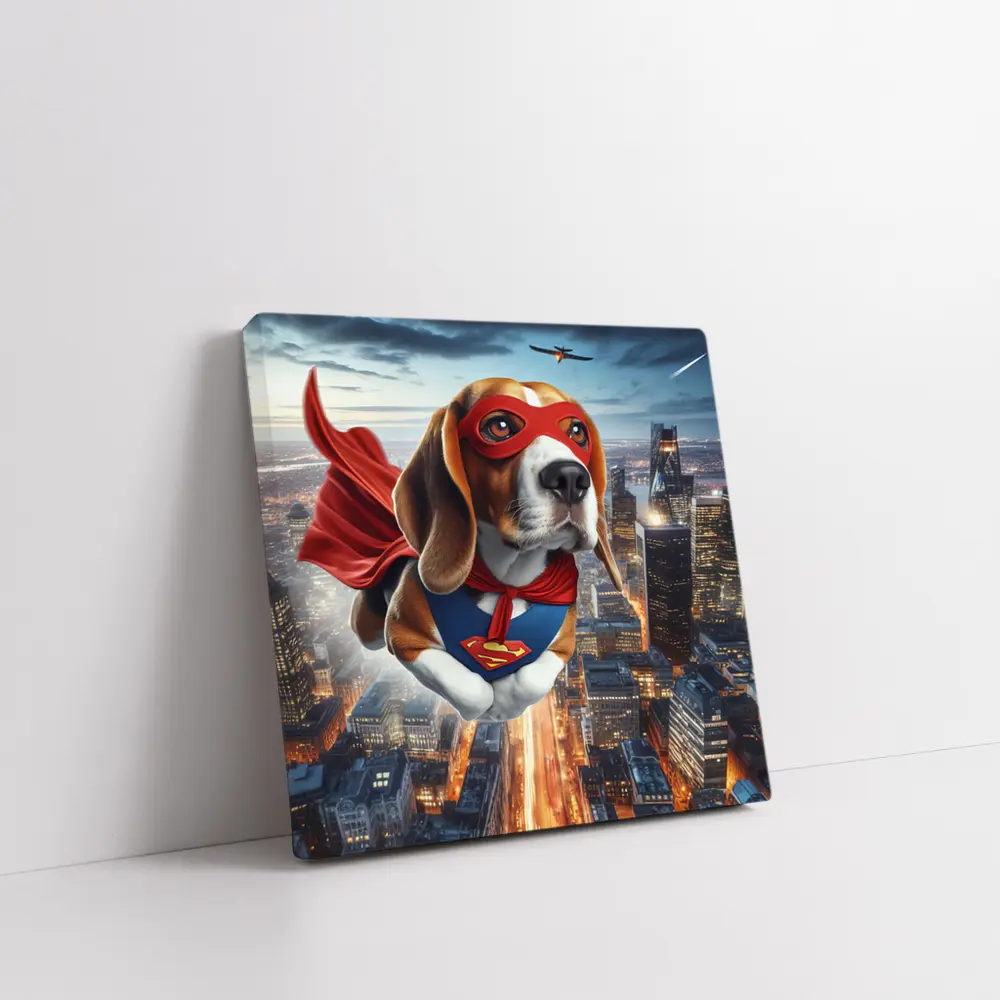 Superhero Beagle Flying Over City Skyline – Wall Art