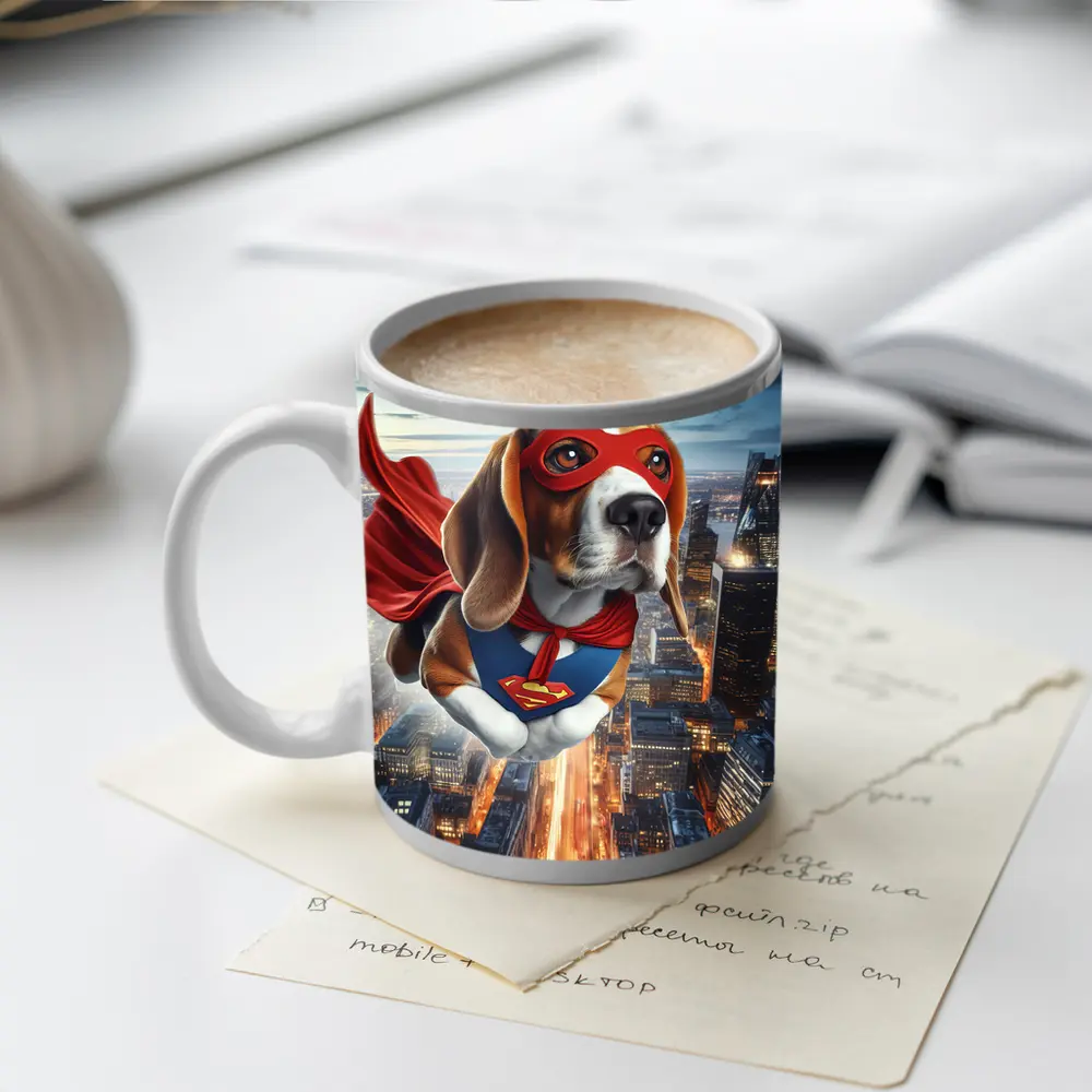 Superhero Beagle Flying Over City Skyline – Mugs