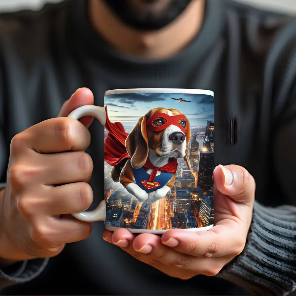 Superhero Beagle Flying Over City Skyline – Mugs