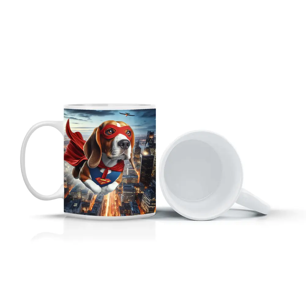 Superhero Beagle Flying Over City Skyline – Mugs
