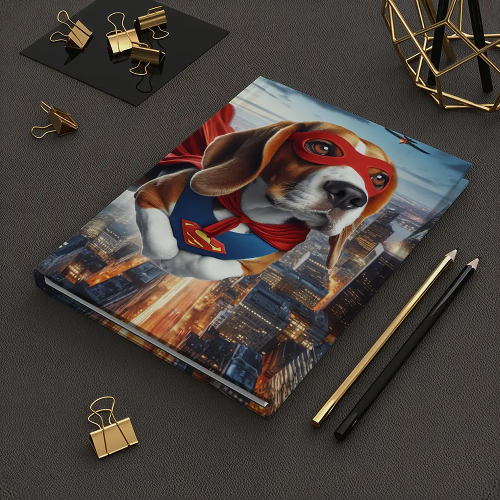 Superhero Beagle Flying Over City Skyline – Notebooks