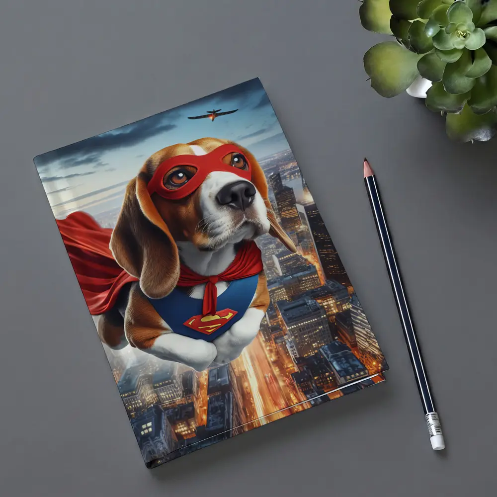 Superhero Beagle Flying Over City Skyline – Notebooks