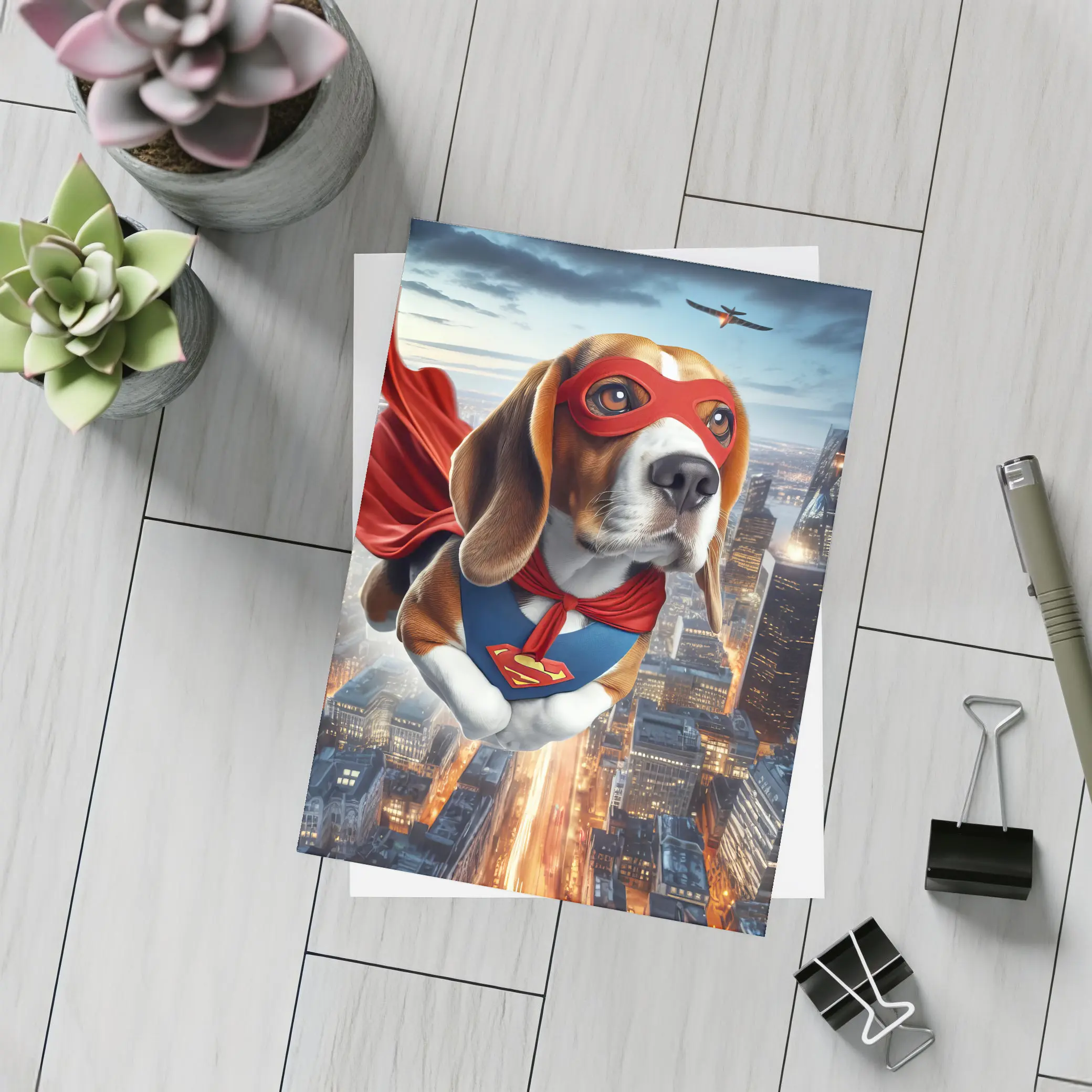 Superhero Beagle Flying Over City Skyline – Postcards