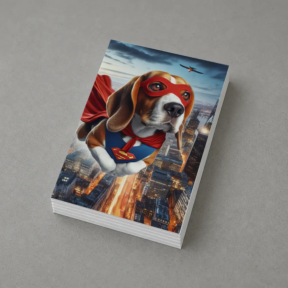 Superhero Beagle Flying Over City Skyline – Postcards