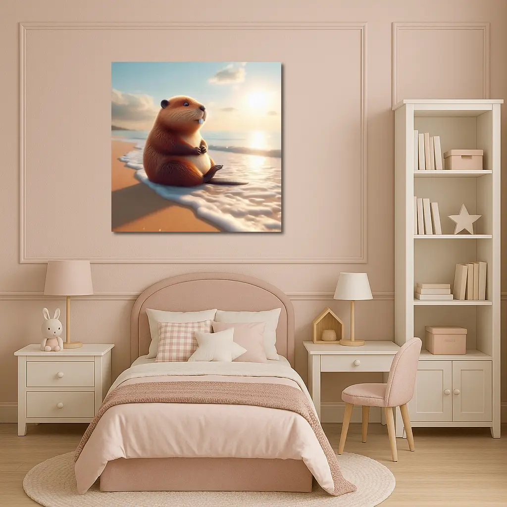 Cute Beaver Sitting On Sunny Beach – Wall Art