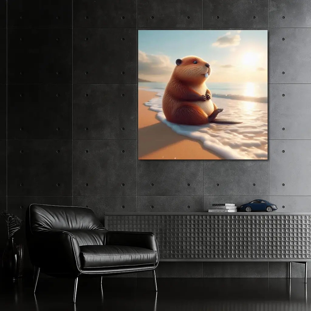 Cute Beaver Sitting On Sunny Beach – Wall Art