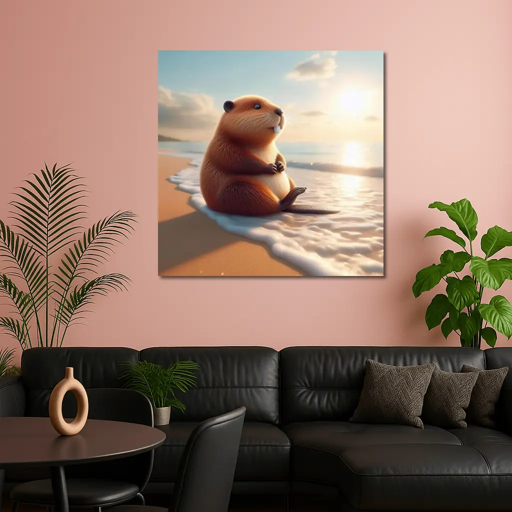 Cute Beaver Sitting On Sunny Beach – Wall Art