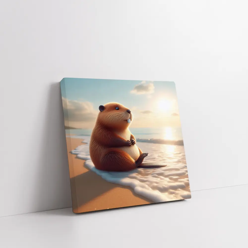 Cute Beaver Sitting On Sunny Beach – Wall Art