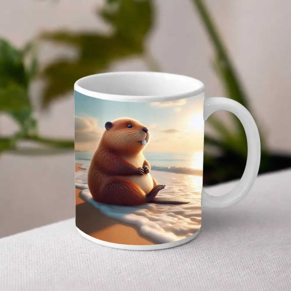 Cute Beaver Sitting On Sunny Beach – Mugs