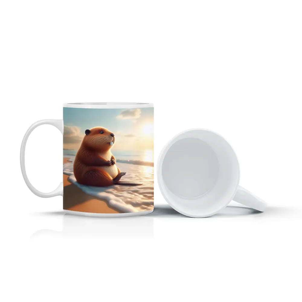 Cute Beaver Sitting On Sunny Beach – Mugs