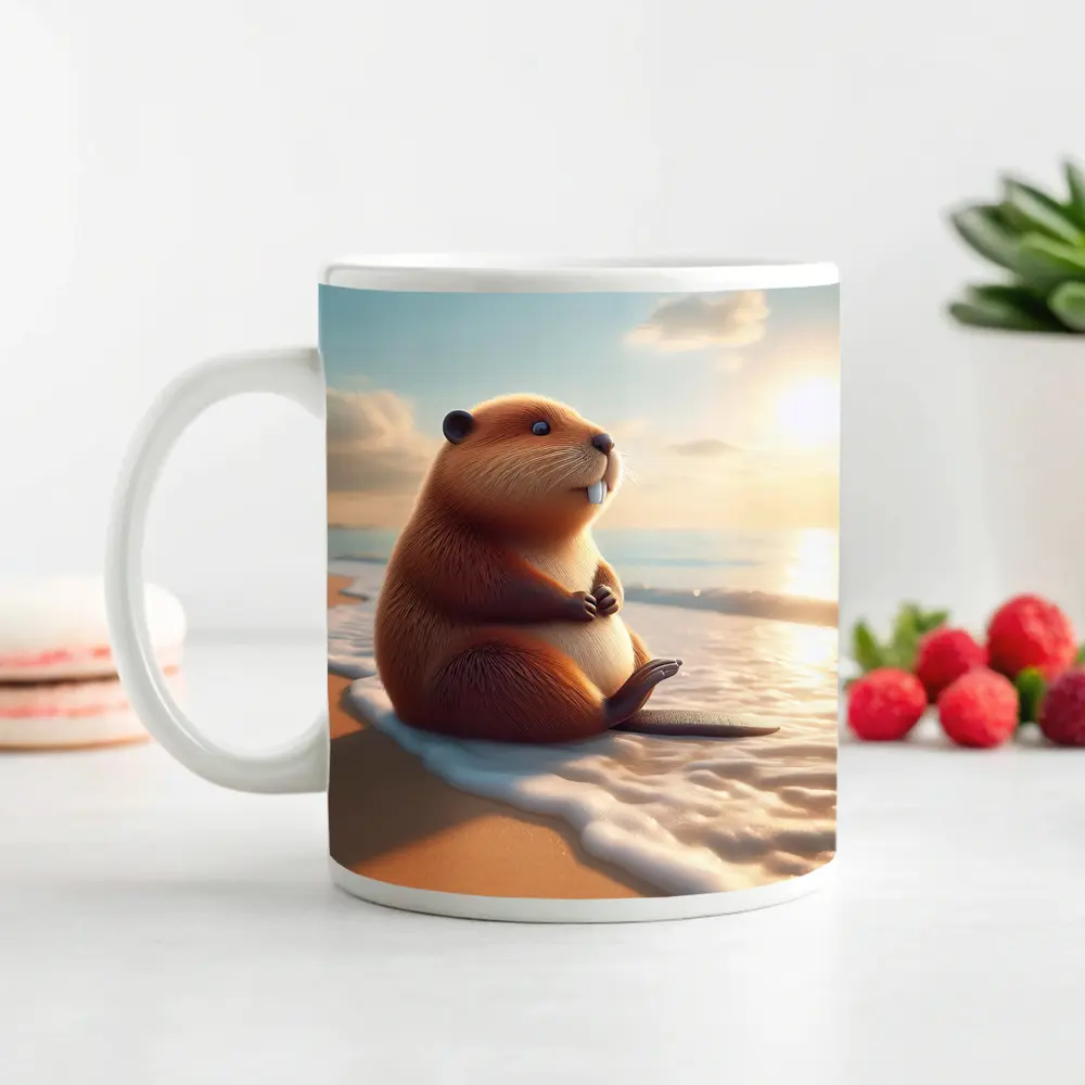 Cute Beaver Sitting On Sunny Beach – Mugs