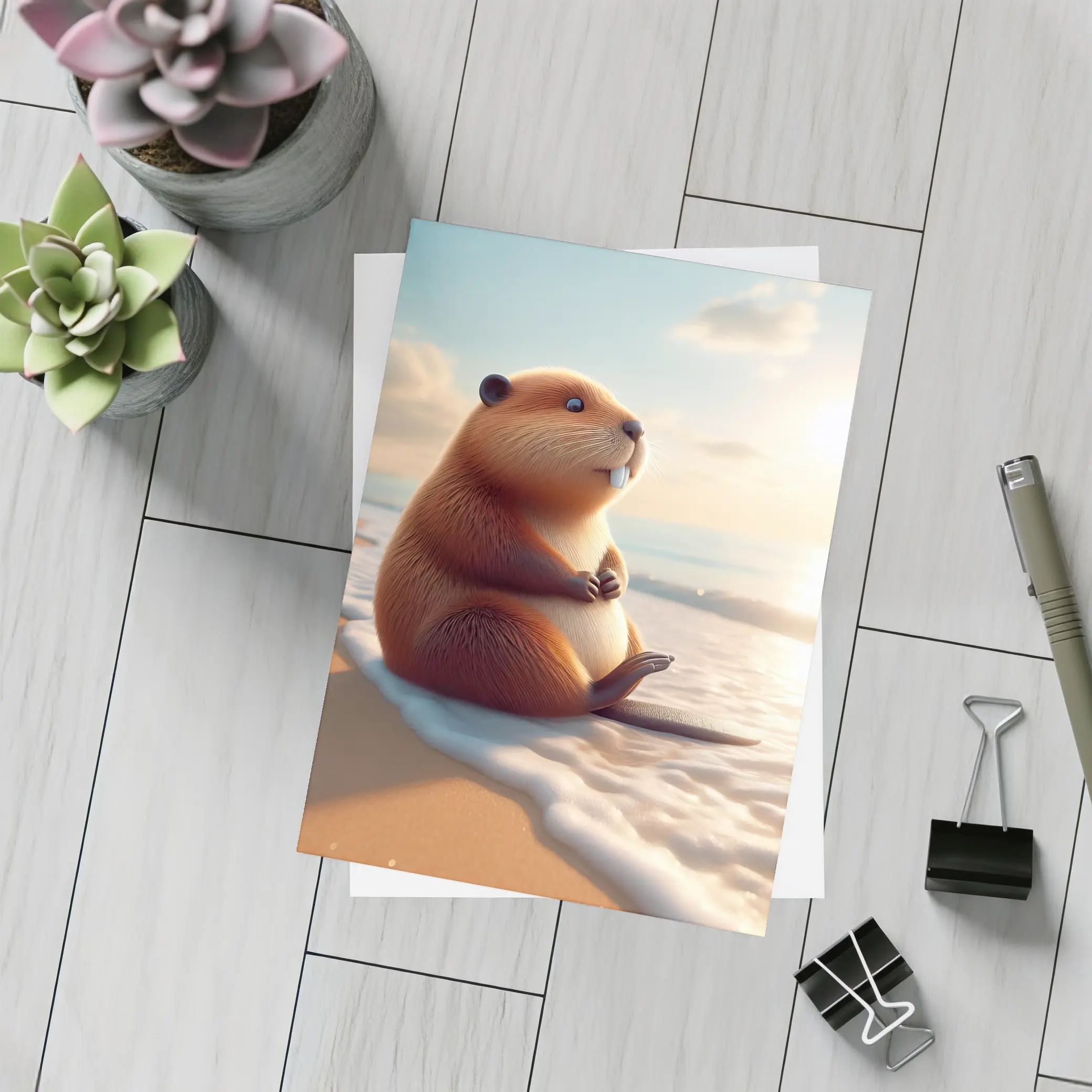 Cute Beaver Sitting On Sunny Beach – Postcards