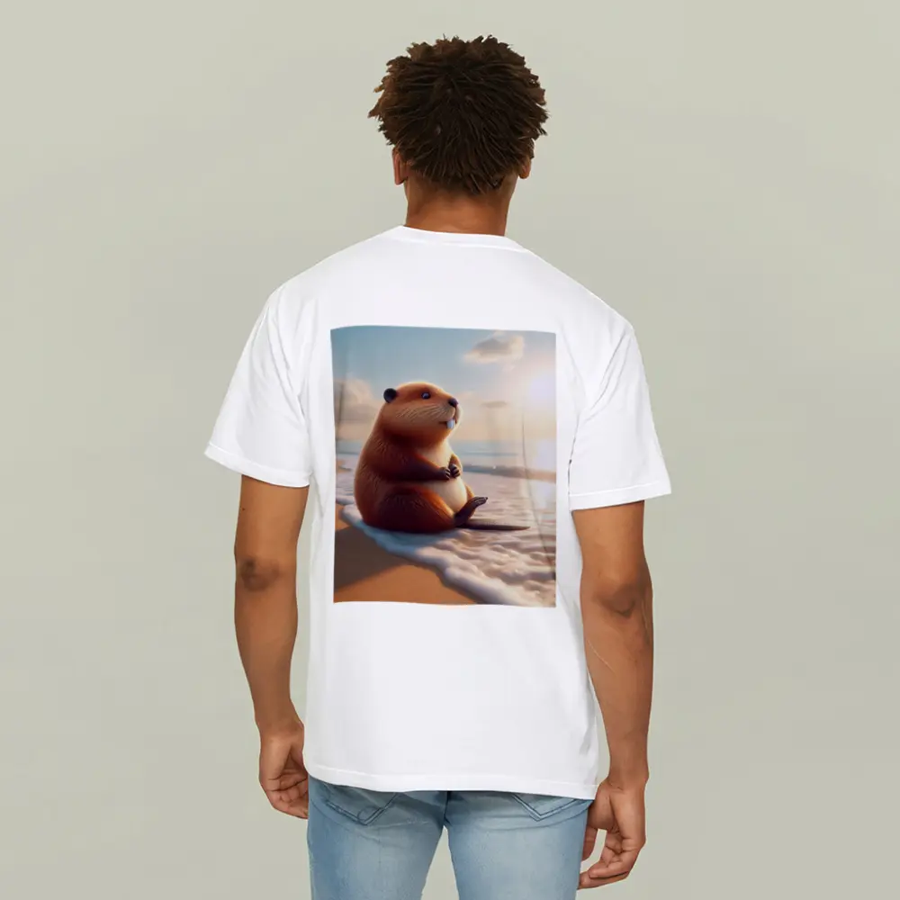 Cute Beaver Sitting On Sunny Beach – T-Shirts