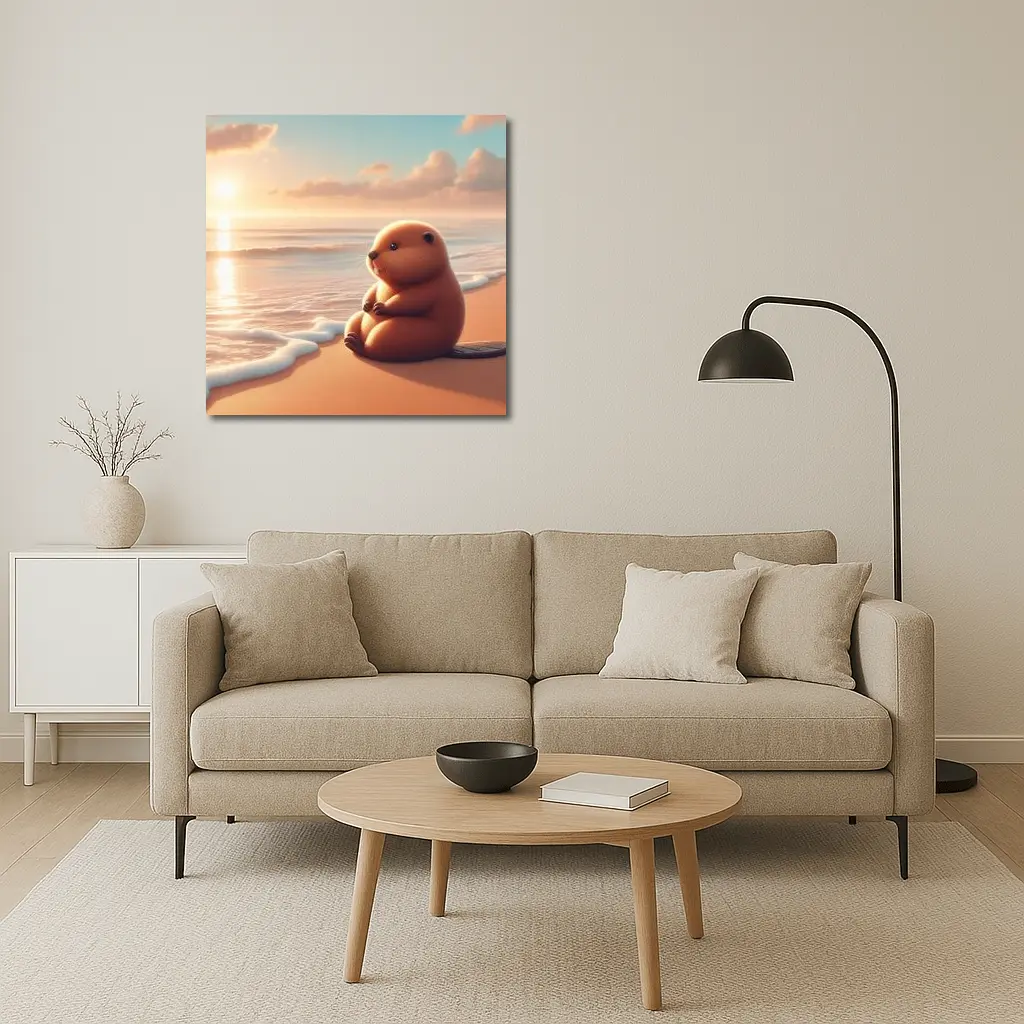 Cute Beaver Sitting On Sunny Beach – Wall Art