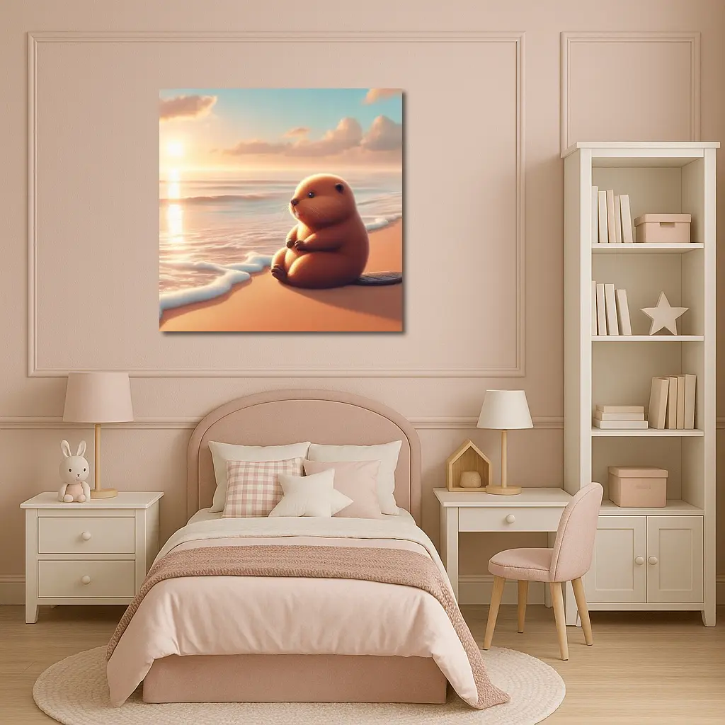 Cute Beaver Sitting On Sunny Beach – Wall Art