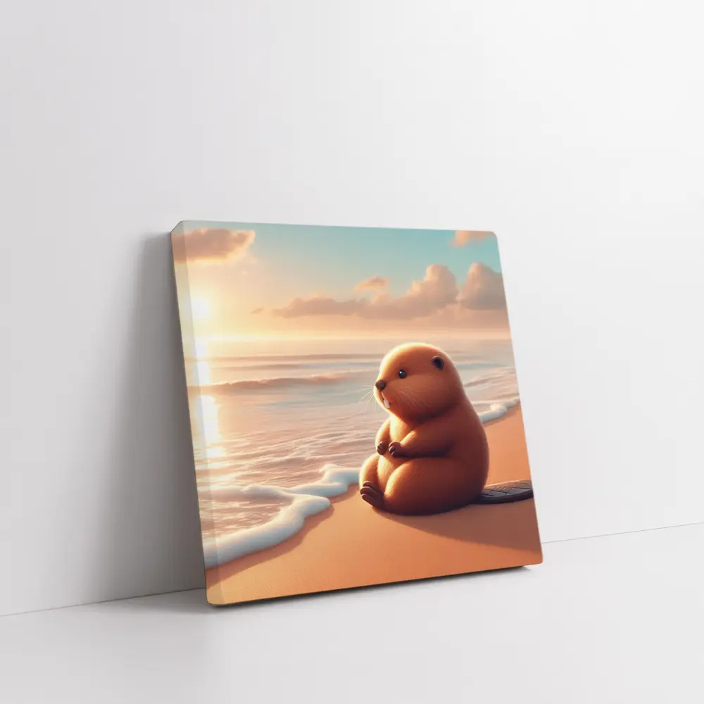 Cute Beaver Sitting On Sunny Beach – Wall Art