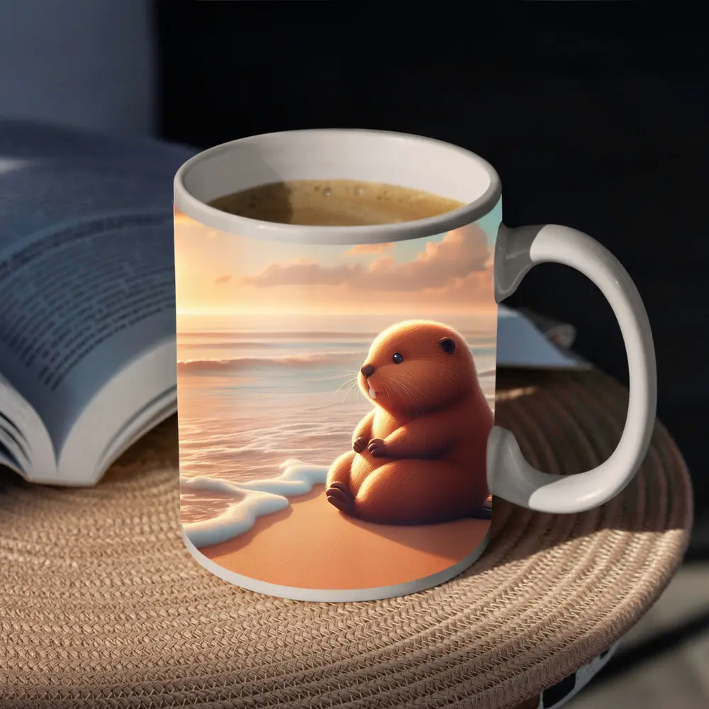 Cute Beaver Sitting On Sunny Beach – Mugs