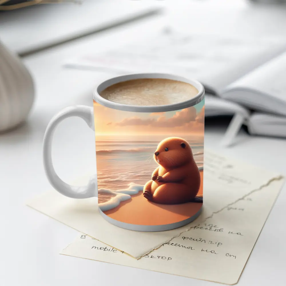 Cute Beaver Sitting On Sunny Beach – Mugs